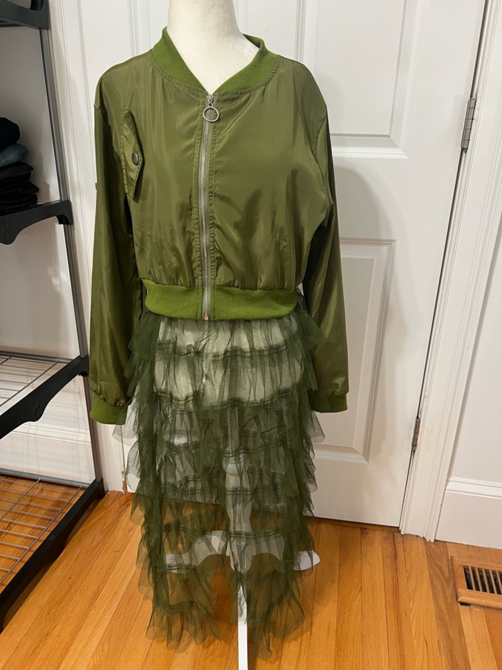 Olive Green Bomber Jacket with Ruffled Tulle Skirt